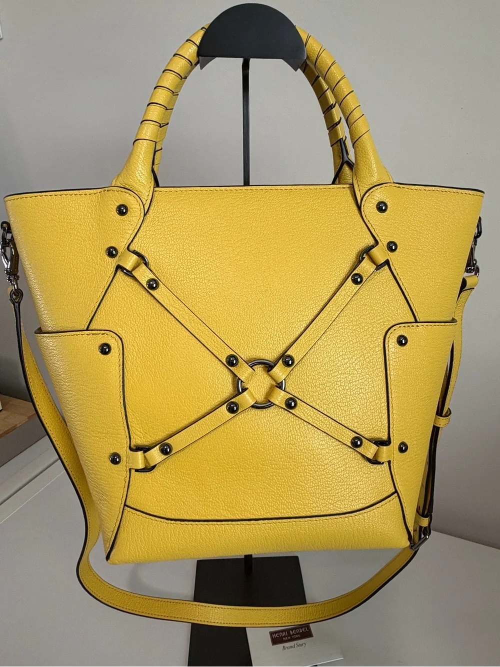 Henri Bendel Yellow Textured Leather Tote with Strap Detail